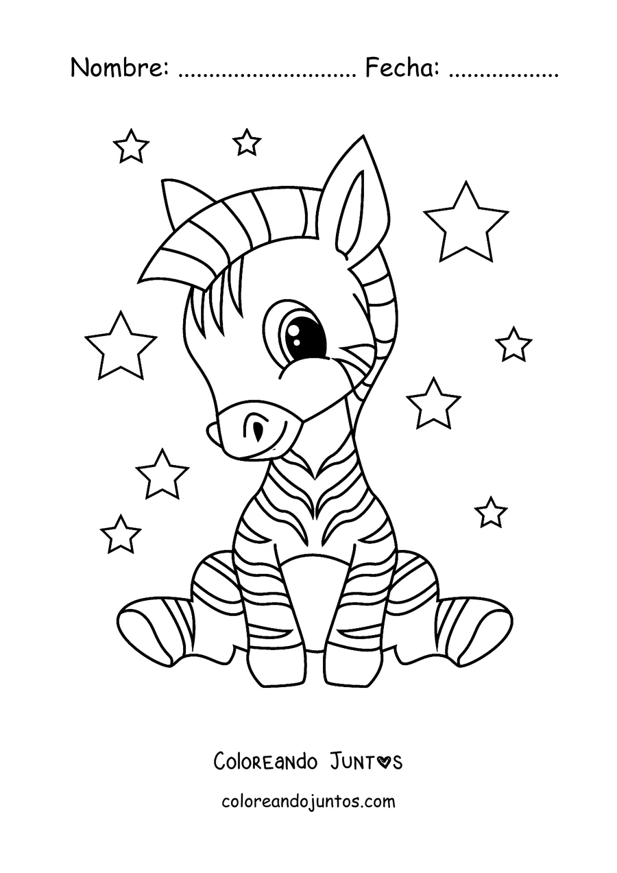Imagen para colorear de una cebra bebé sentada entre estrellas
