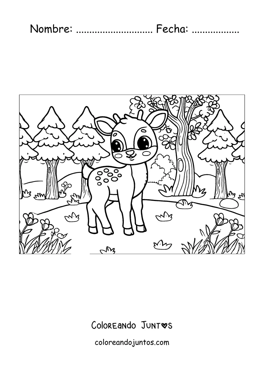 Imagen para colorear de un cervatillo con manchas en el bosque