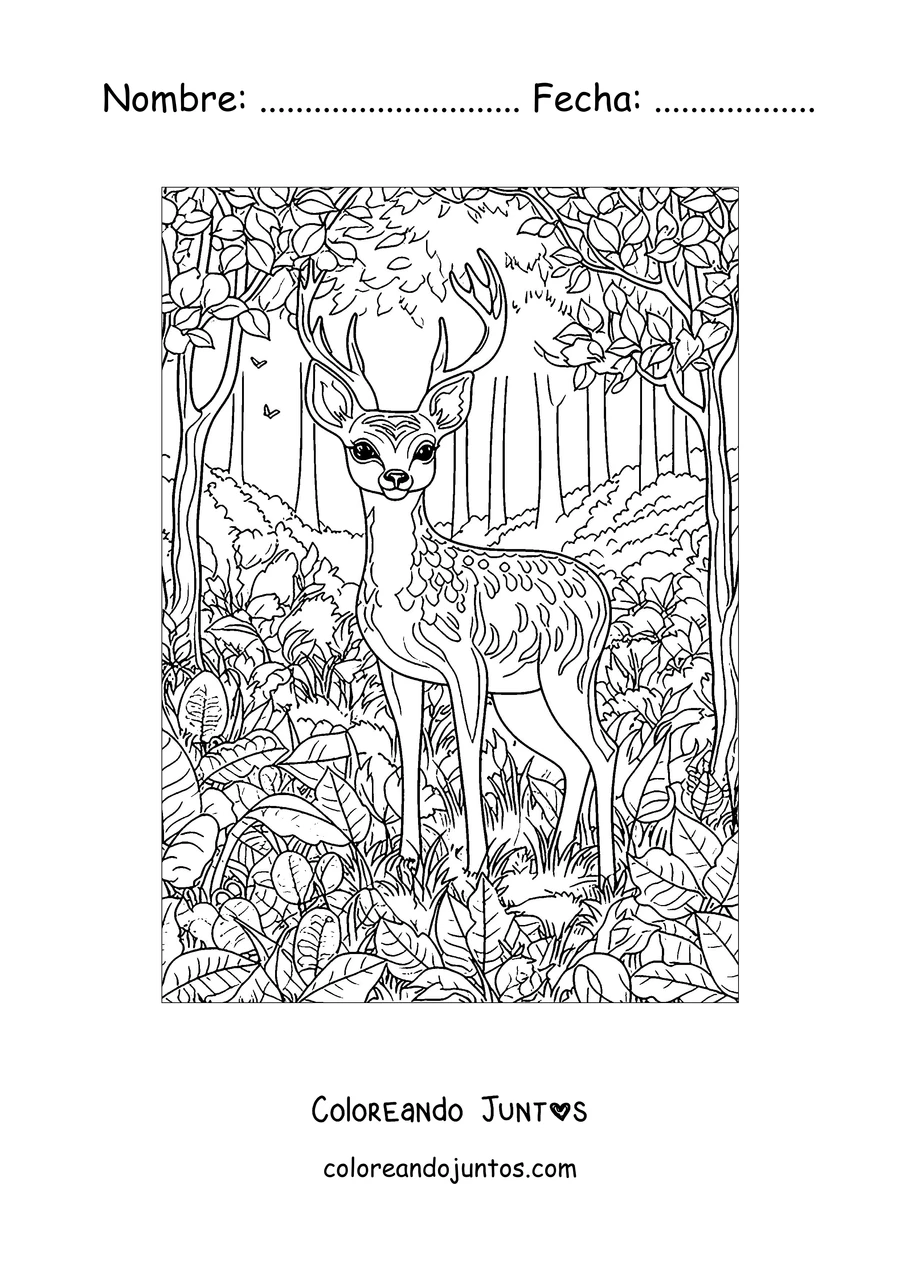 Imagen para colorear de un ciervo entre la vegetación del bosque