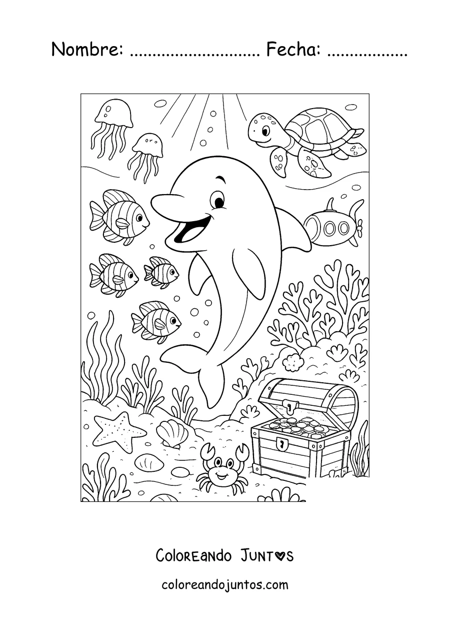 Imagen para colorear de un delfín explorando el fondo del mar con un cofre del tesoro