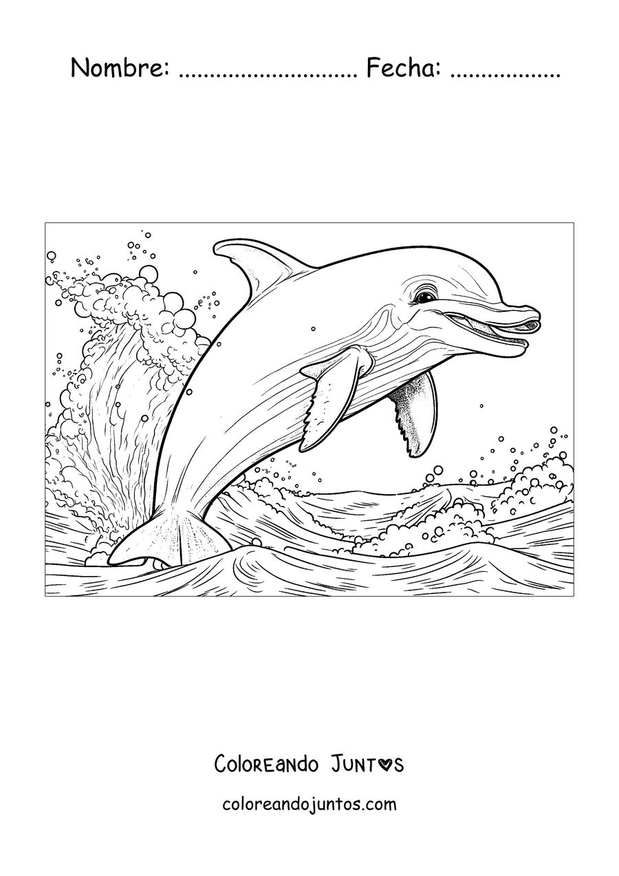 Imagen para colorear de un delfín realista saltando entre las olas