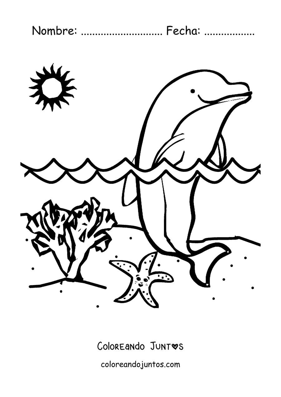Imagen para colorear de un delfín saltando frente al sol