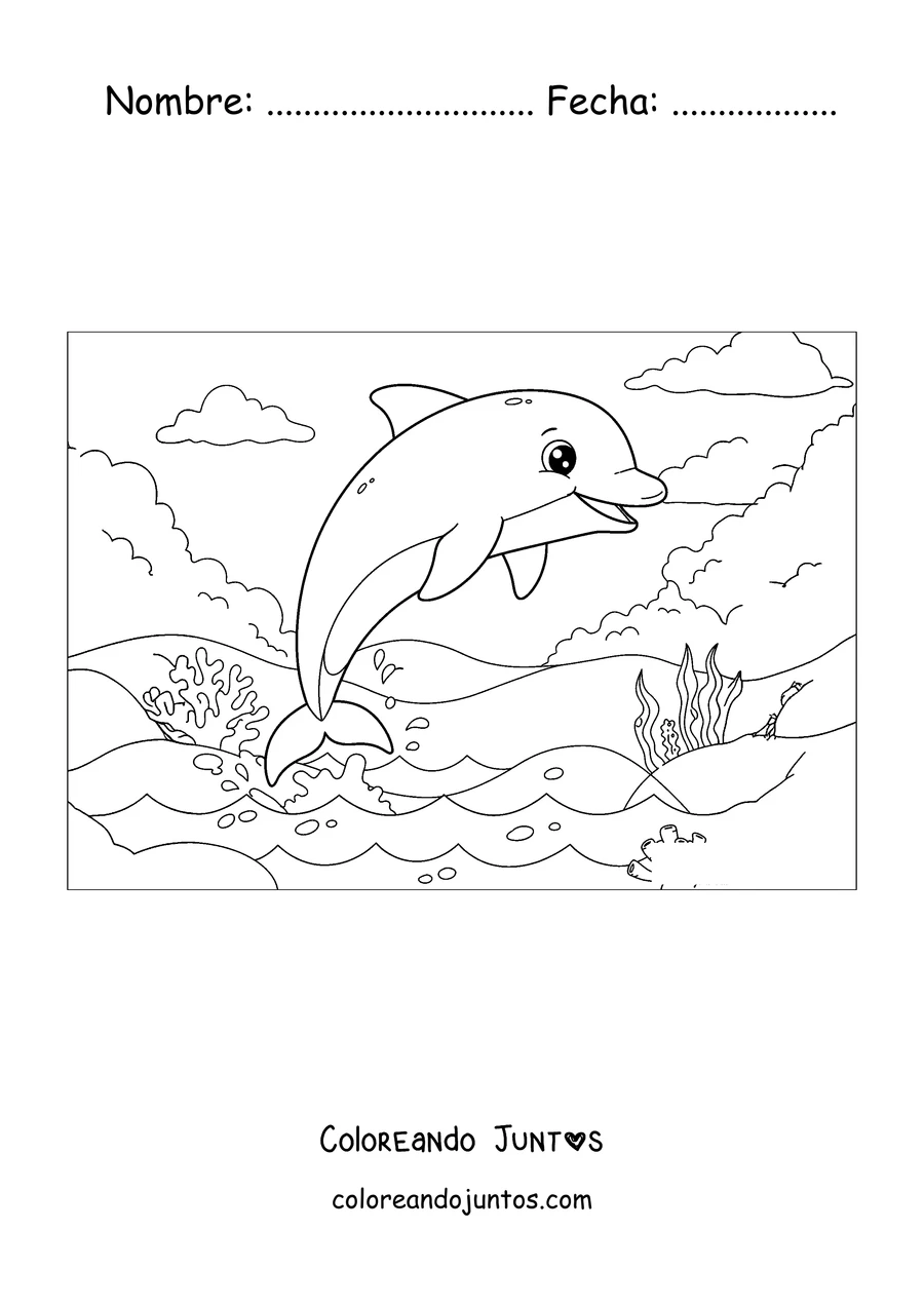 Imagen para colorear de un delfín saltando sobre el mar