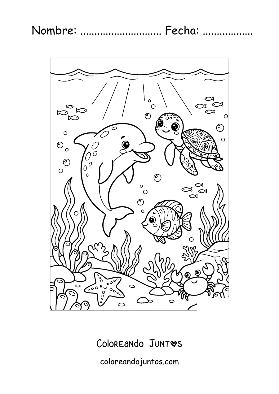 Imagen para colorear de un delfín jugando con una tortuga marina