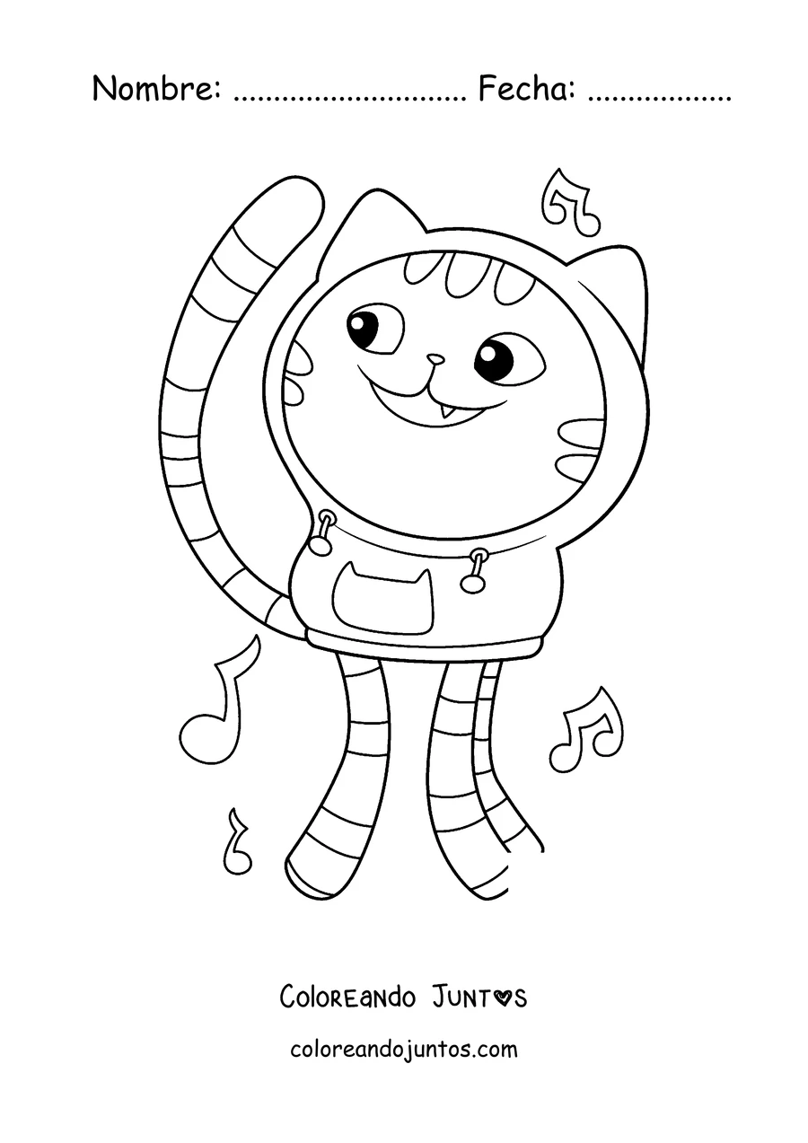 Imagen para colorear de DJ Catnip bailando entre notas musicales