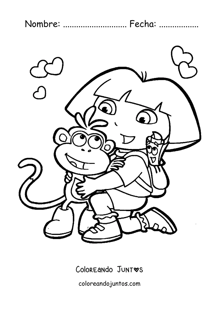 Imagen para colorear de Dora la Exploradora abrazando a Botas con un helado