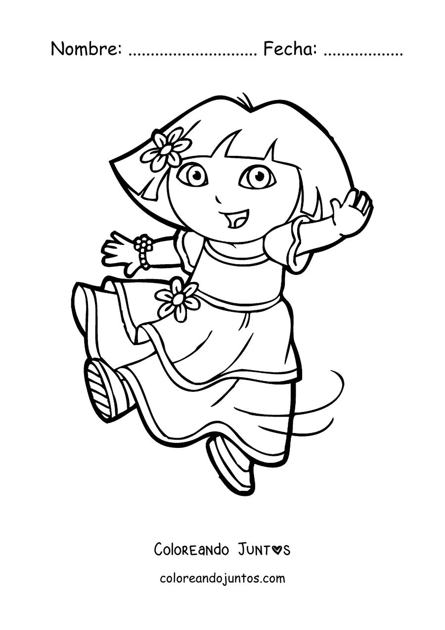 Imagen para colorear de Dora la Exploradora bailando con una flor en el pelo