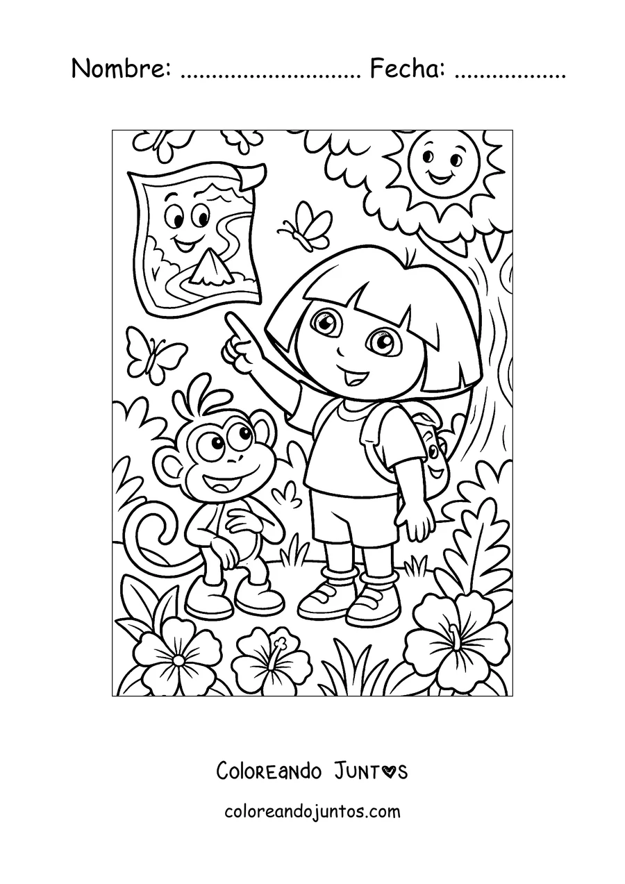 Imagen para colorear de Dora la Exploradora señalando el Mapa junto a Botas