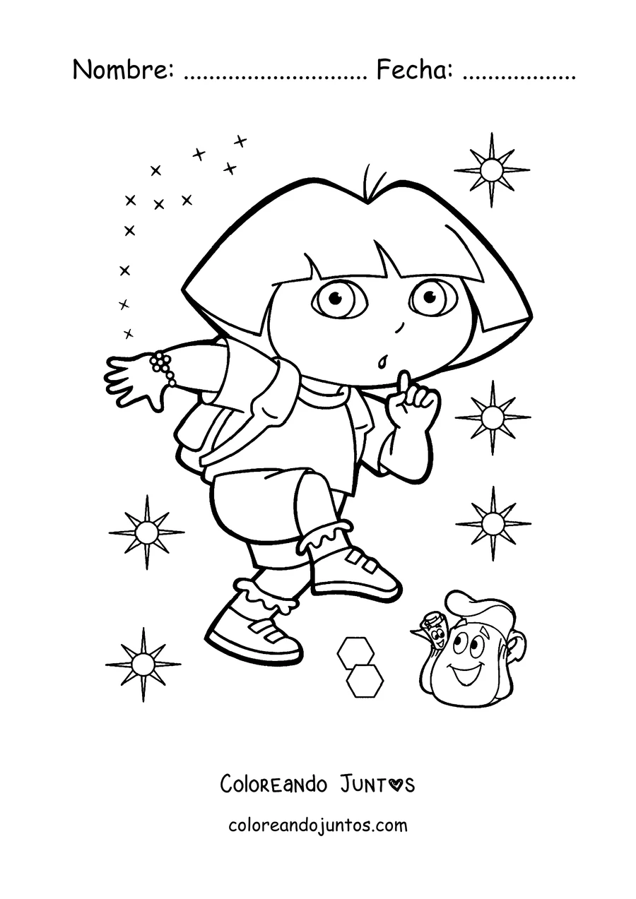 Imagen para colorear de Dora la Exploradora con su mochila entre estrellas