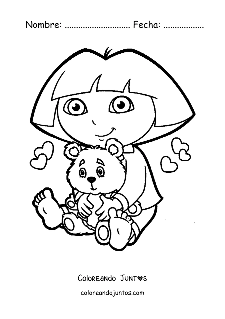 Imagen para colorear de Dora la Exploradora abrazando a un osito de peluche