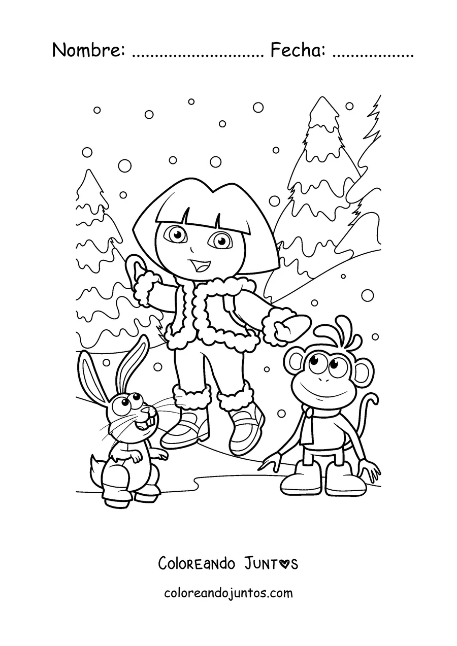 Imagen para colorear de Dora la Exploradora en la nieve con Botas y un conejo