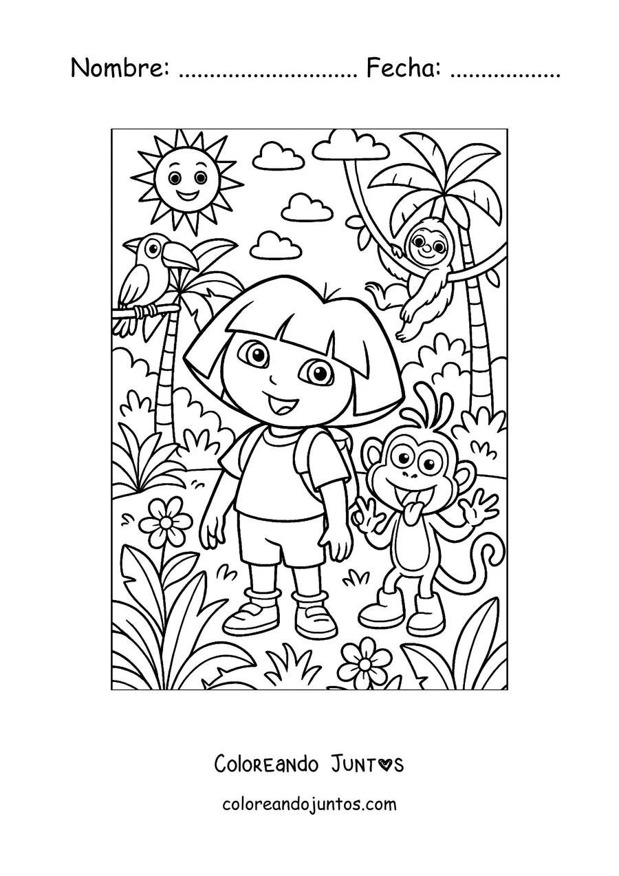 Imagen para colorear de Dora la Exploradora explorando la selva con un loro