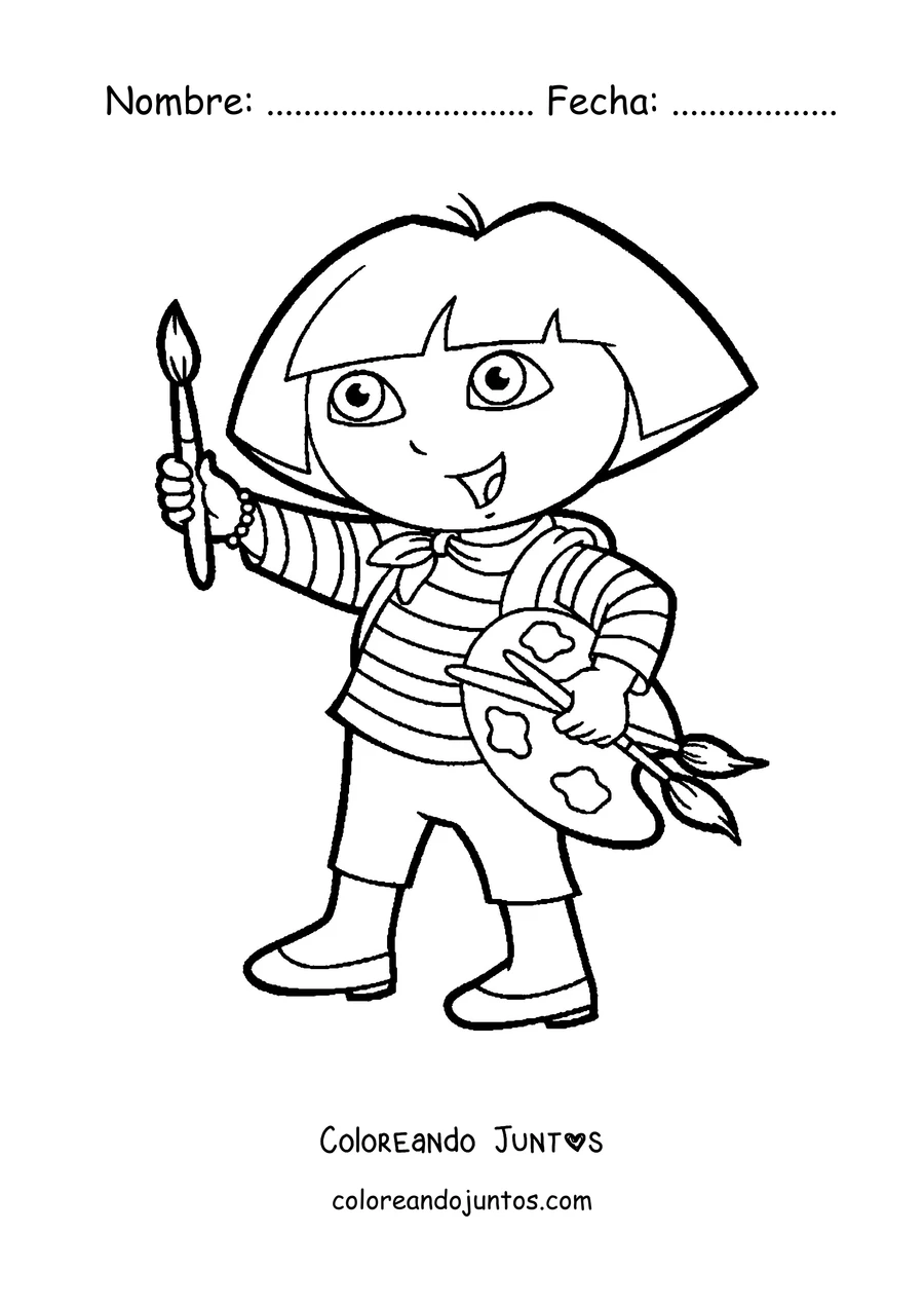 Imagen para colorear de Dora la Exploradora pintando con una paleta y un pincel
