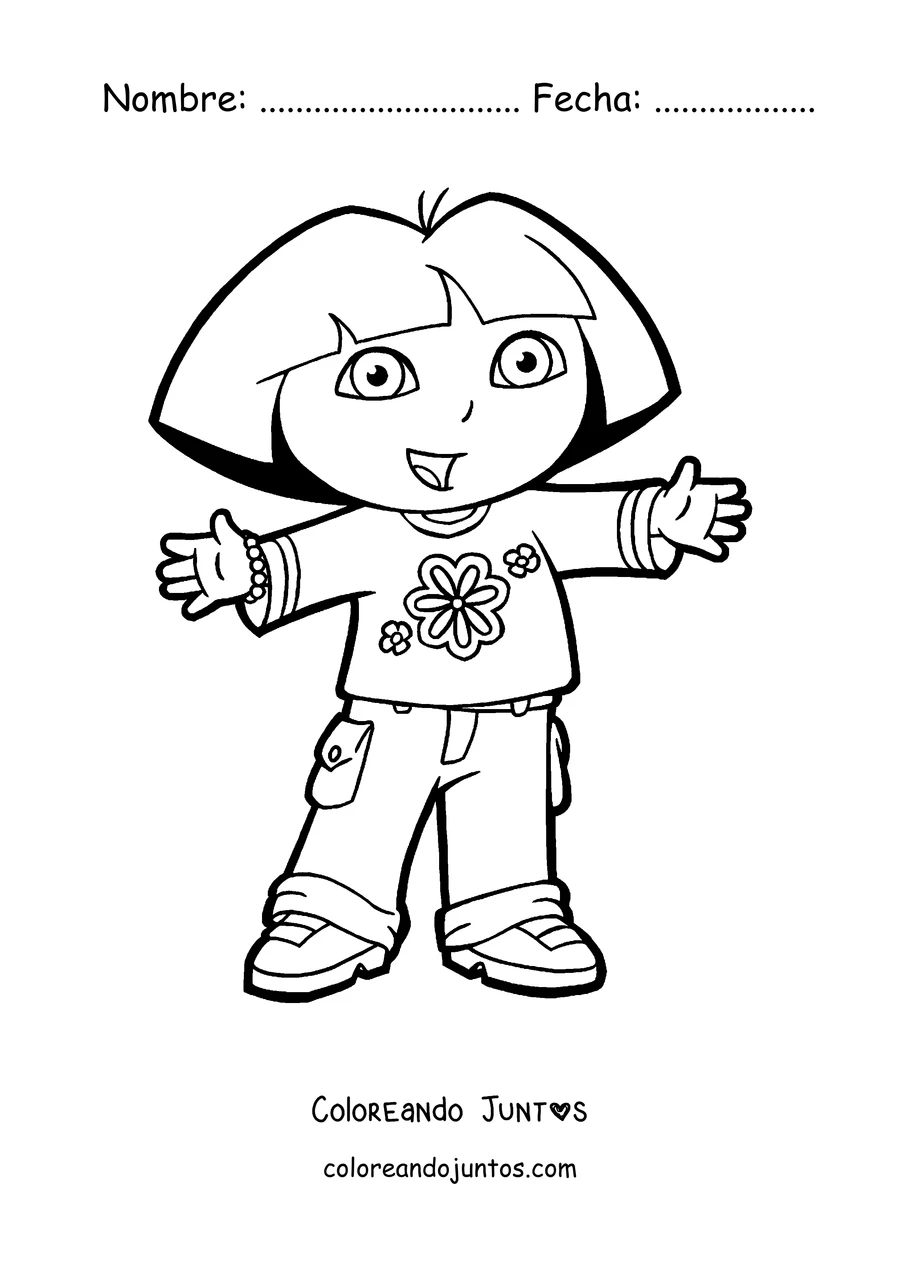 Imagen para colorear de Dora la Exploradora saludando con los brazos abiertos