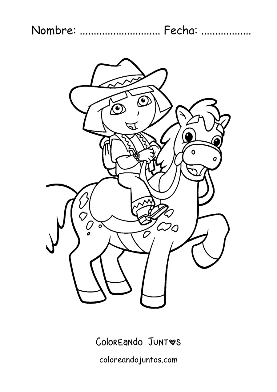 Imagen para colorear de Dora la Exploradora vestida de vaquera montando a caballo