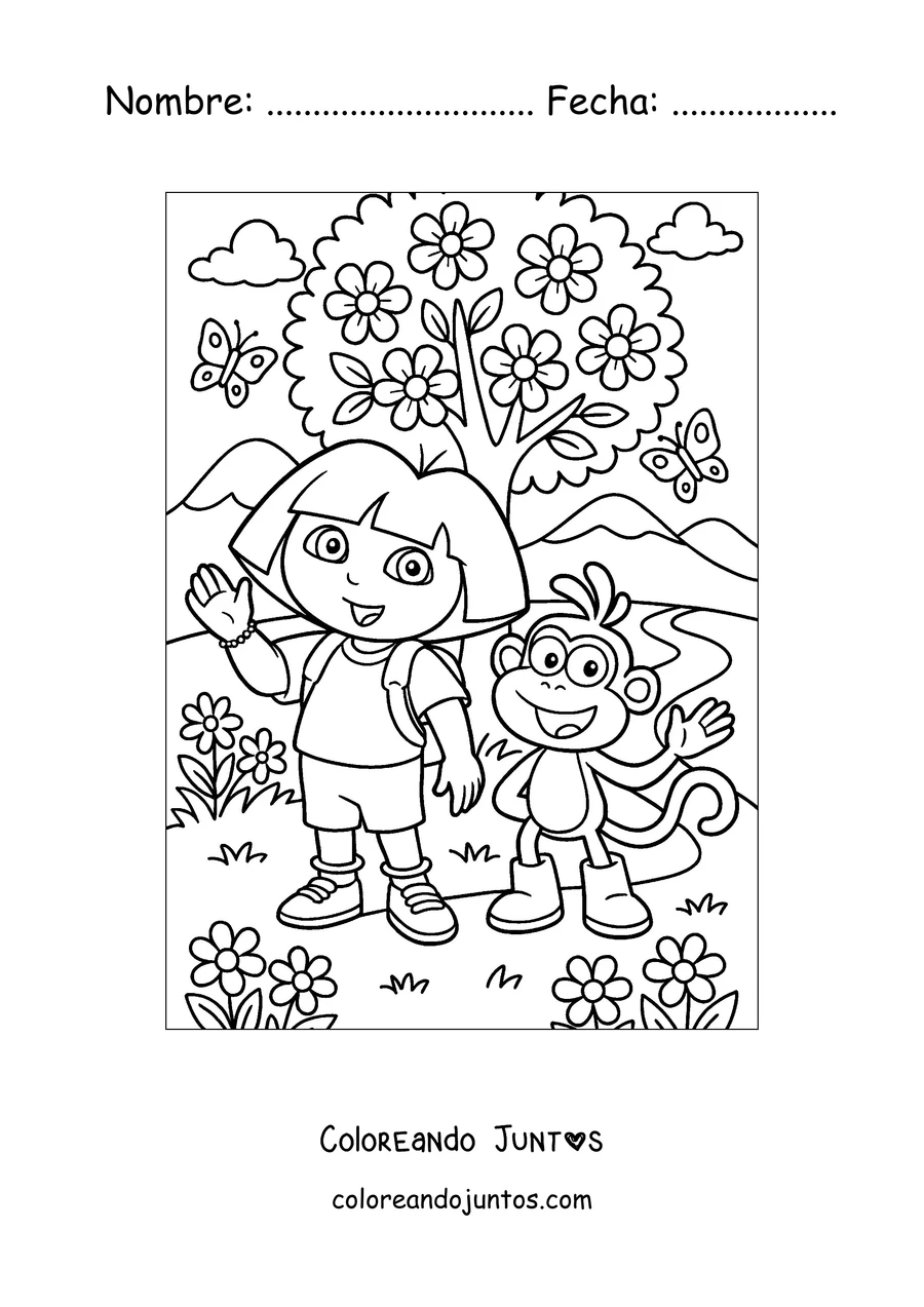Imagen para colorear de Dora la Exploradora y Botas en un campo de flores