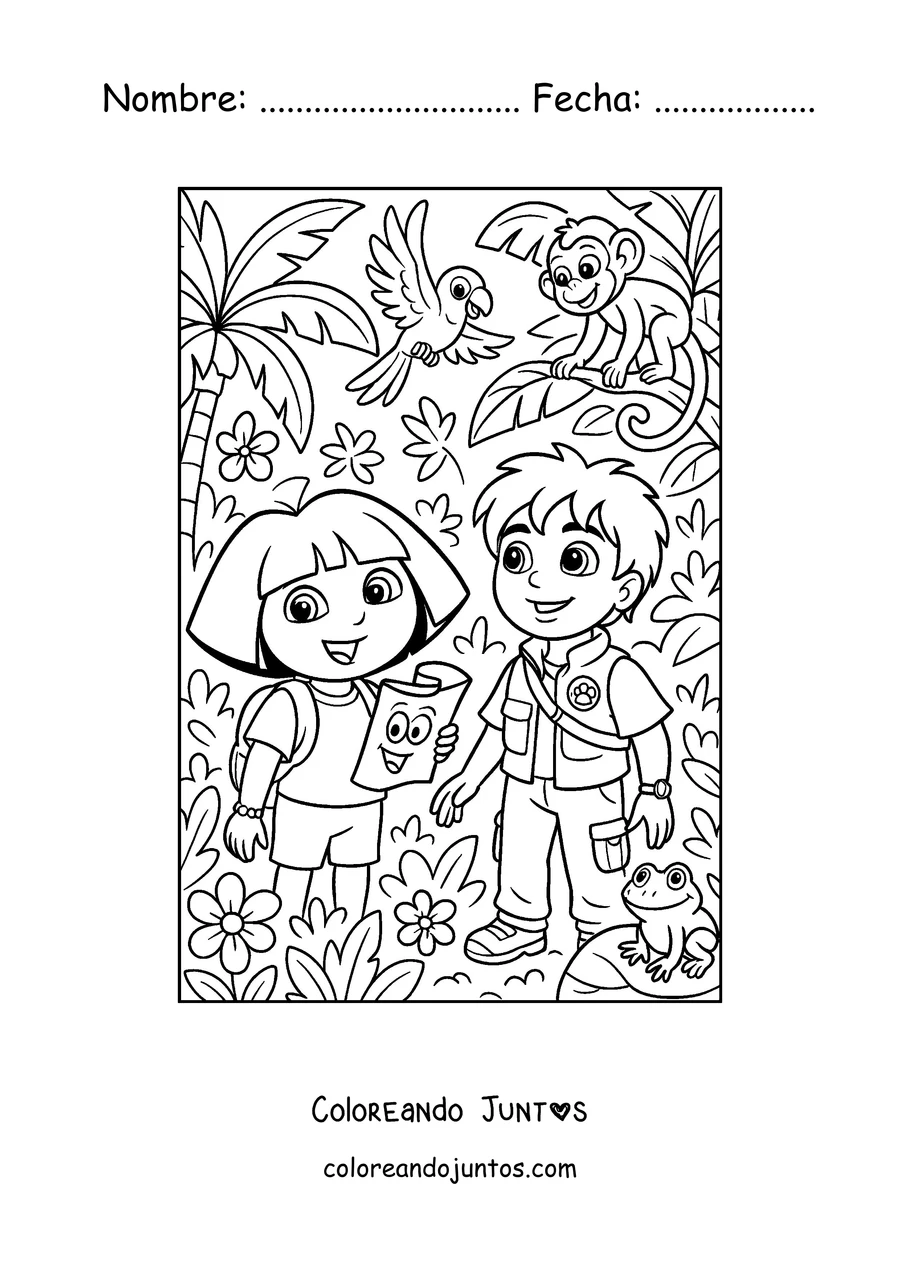 Imagen para colorear de Dora la Exploradora y su primo Diego en la selva