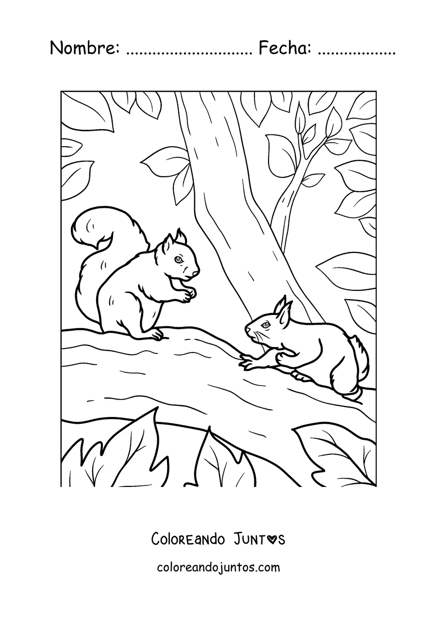 Imagen para colorear de dos ardillas jugando en una rama
