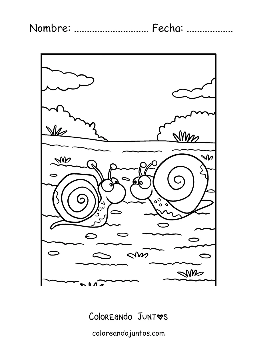 Imagen para colorear de dos caracoles encontrándose en el camino