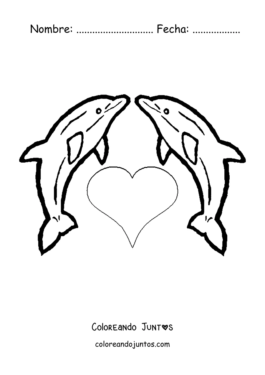 Imagen para colorear de dos delfines formando un corazón