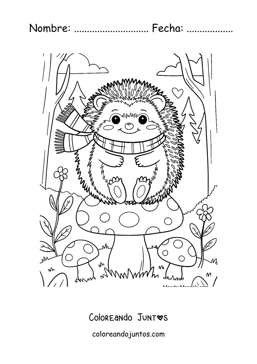 Imagen para colorear de un erizo con bufanda entre los hongos