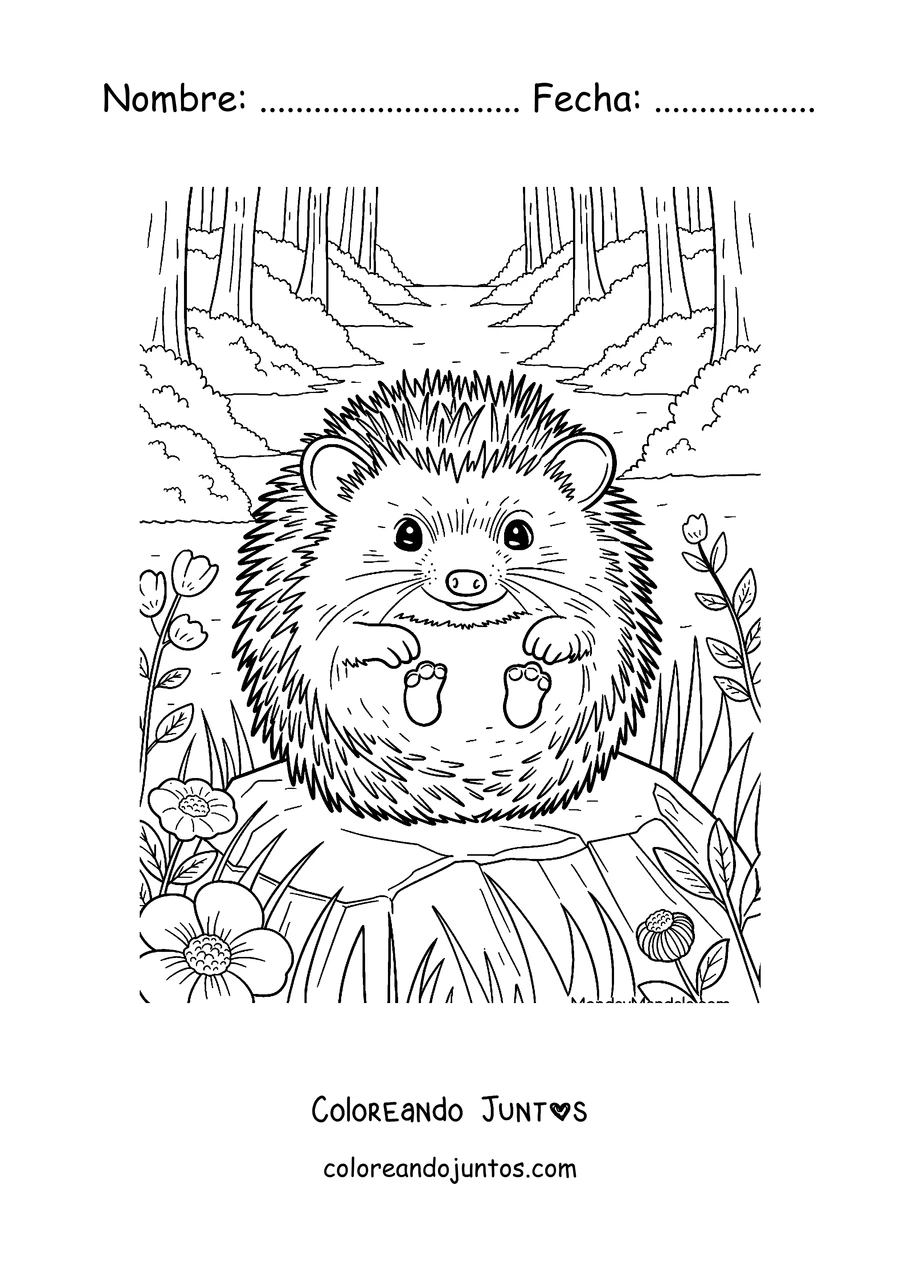 Imagen para colorear de un erizo sentado en un tronco del bosque