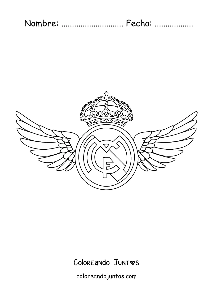 Imagen para colorear del escudo del Real Madrid con alas grandes a los costados