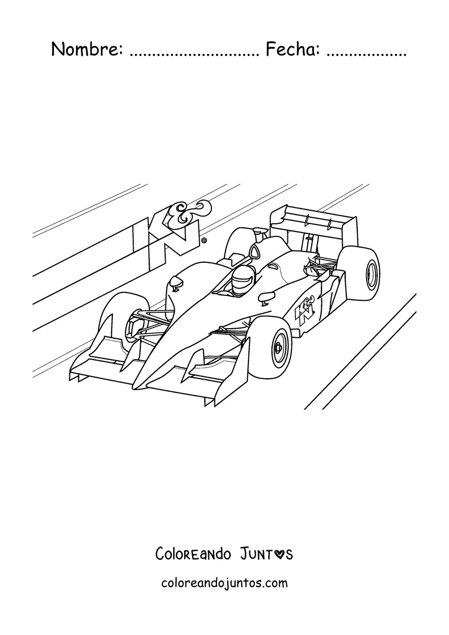 Imagen para colorear de un auto de Fórmula 1 a toda velocidad con líneas de movimiento