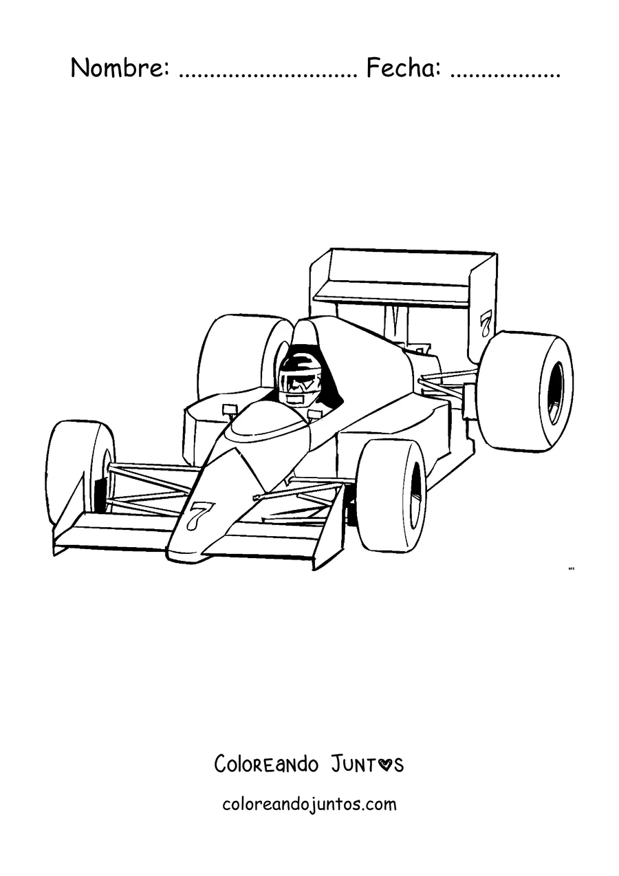 Imagen para colorear de un auto de Fórmula 1 con su piloto sentado en la cabina
