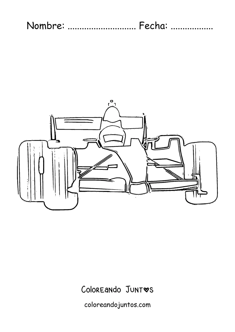 Imagen para colorear de un auto de Fórmula 1 visto de frente con el piloto