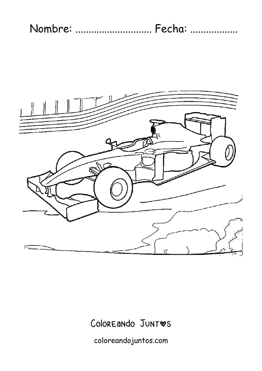 Imagen para colorear de un auto de Fórmula 1 de perfil corriendo en el circuito
