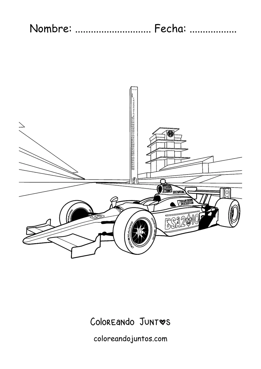 Imagen para colorear de un auto de Fórmula 1 corriendo en el circuito frente a las tribunas