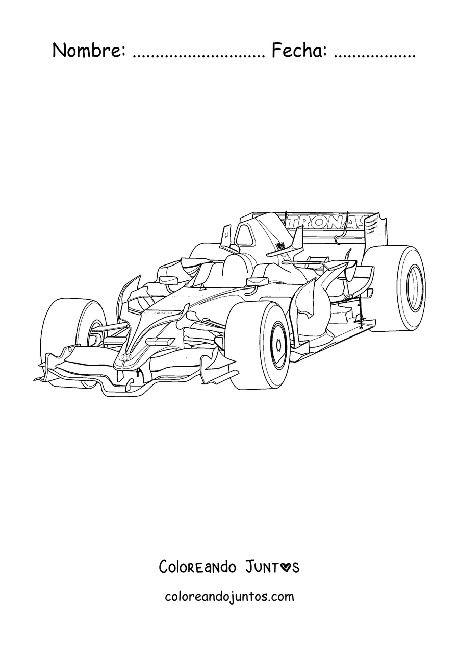 Imagen para colorear de un auto de Fórmula 1 visto de tres cuartos desde adelante