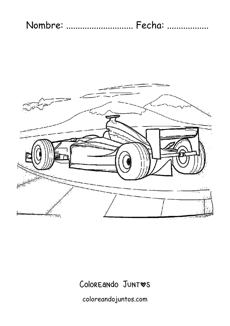 Imagen para colorear de un auto de Fórmula 1 visto desde atrás con el paisaje del circuito