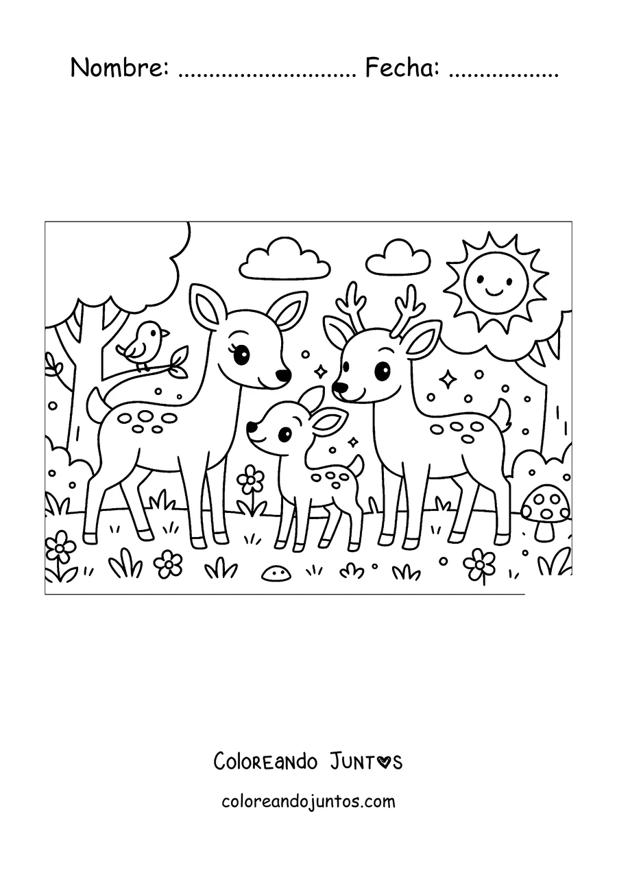 Imagen para colorear de una familia de ciervos en el bosque