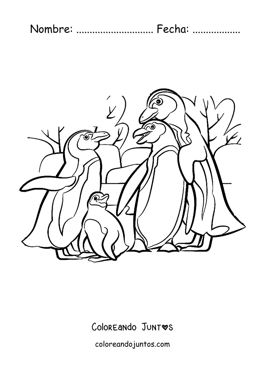 Imagen para colorear de una familia de pingüinos con su pichón