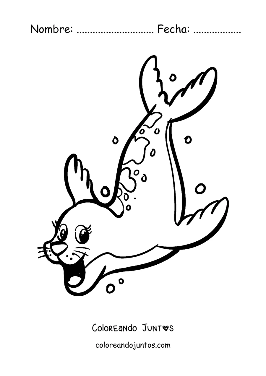 Imagen para colorear de una foca buceando entre burbujas