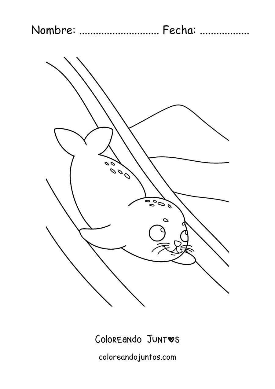 Imagen para colorear de una foca deslizándose por la nieve