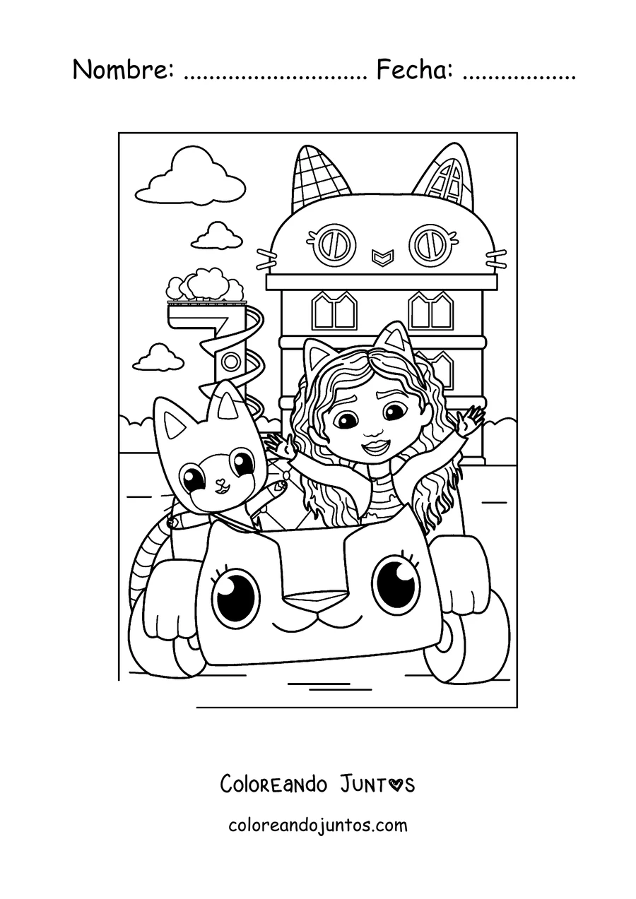 Imagen para colorear de Gabby y Pandy Paws paseando en el auto Carlita frente a la casa de muñecas