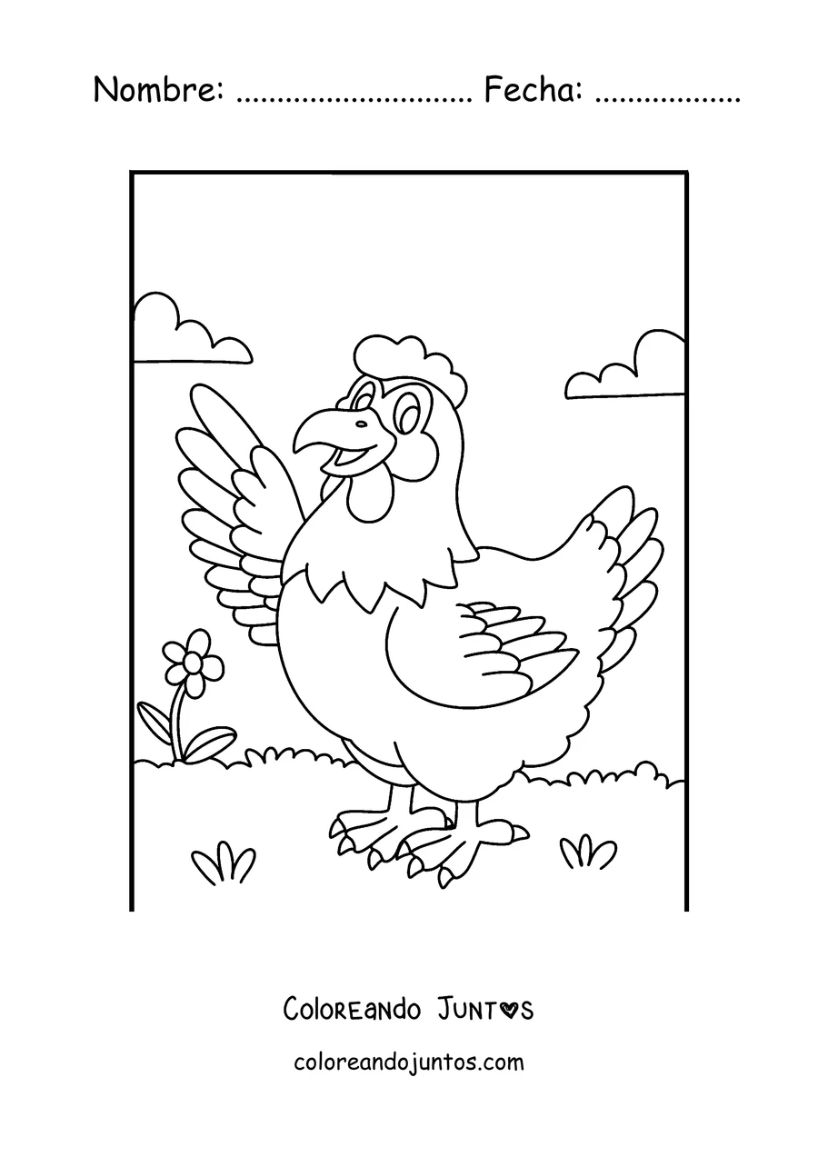 Imagen para colorear de una gallina de dibujos animados saludando con el ala