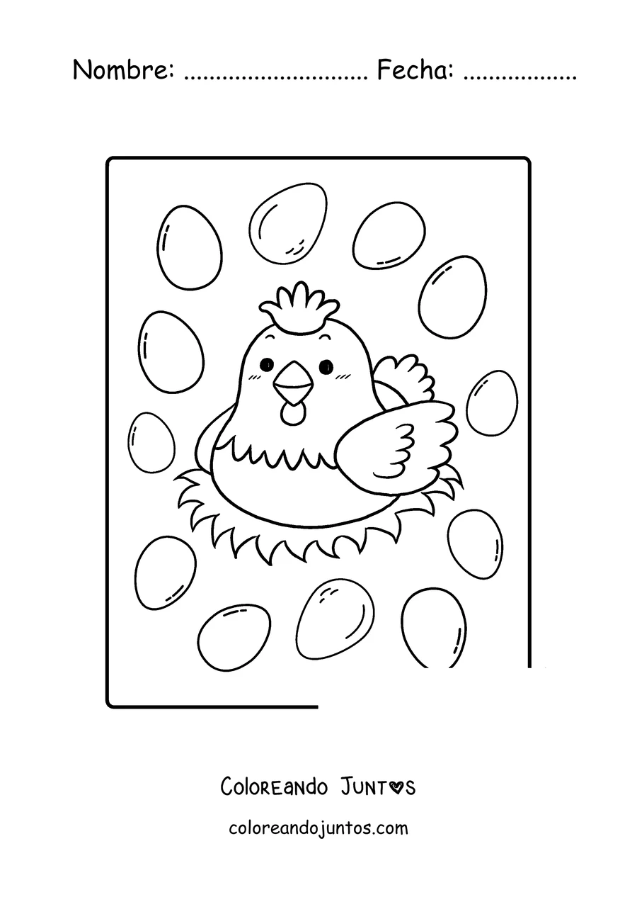 Imagen para colorear de una gallina en el nido rodeada de huevos