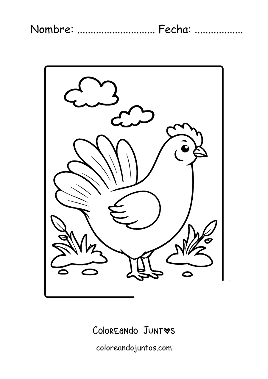 Imagen para colorear de una gallina parada en el pasto