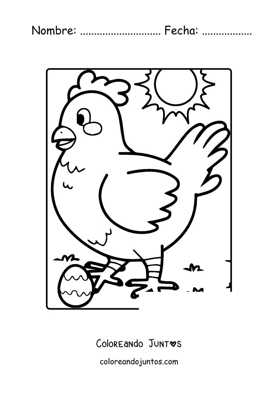 Imagen para colorear de una gallina caminando bajo el sol con un huevo