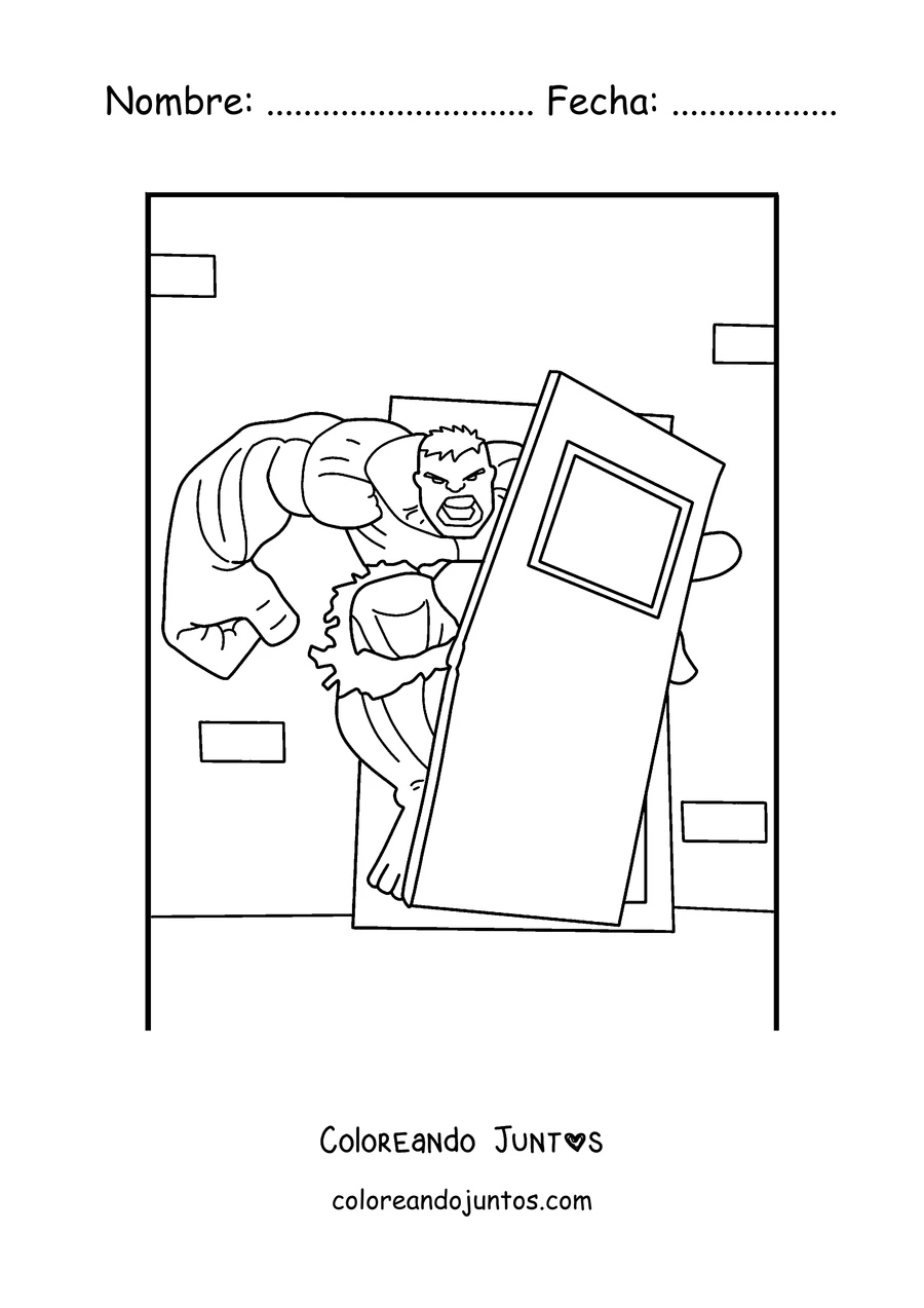 Imagen para colorear de Hulk arrancando una puerta de metal