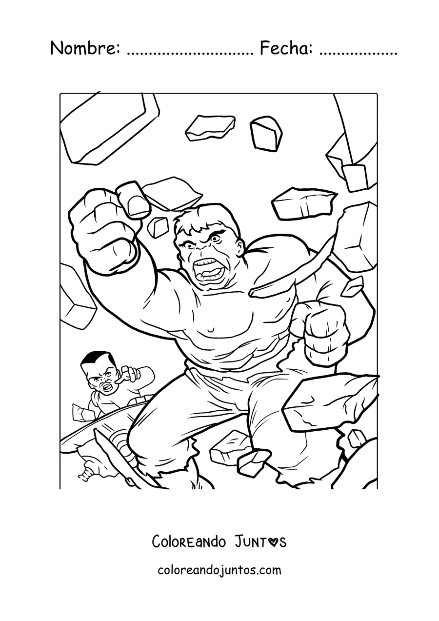 Imagen para colorear de Hulk atravesando una pared
