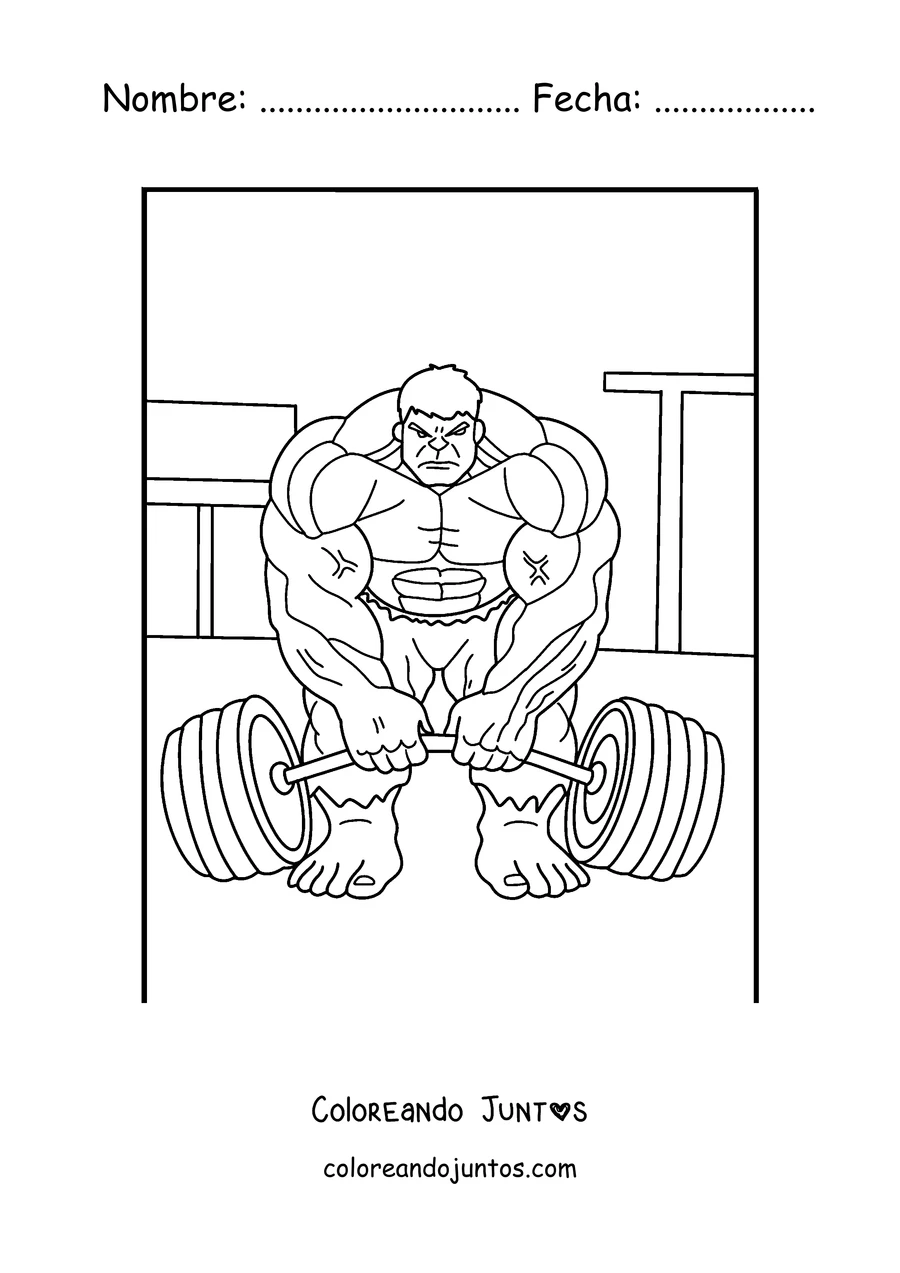 Imagen para colorear de Hulk levantando una pesa enorme