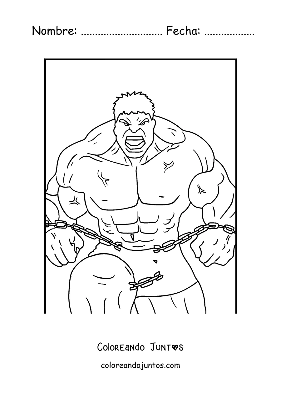 Imagen para colorear de Hulk rompiendo cadenas con sus puños
