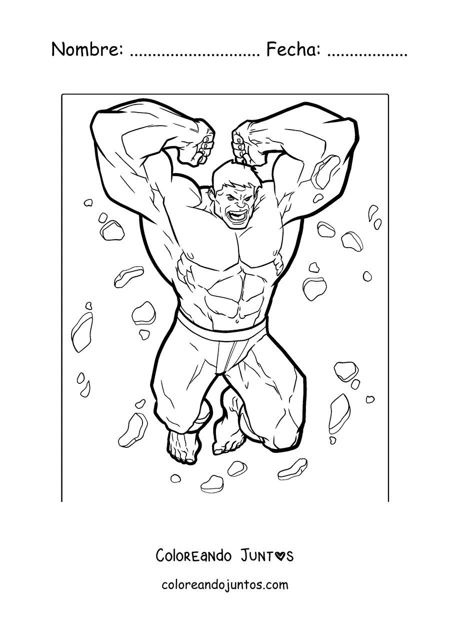 Imagen para colorear de Hulk saltando con los puños en alto