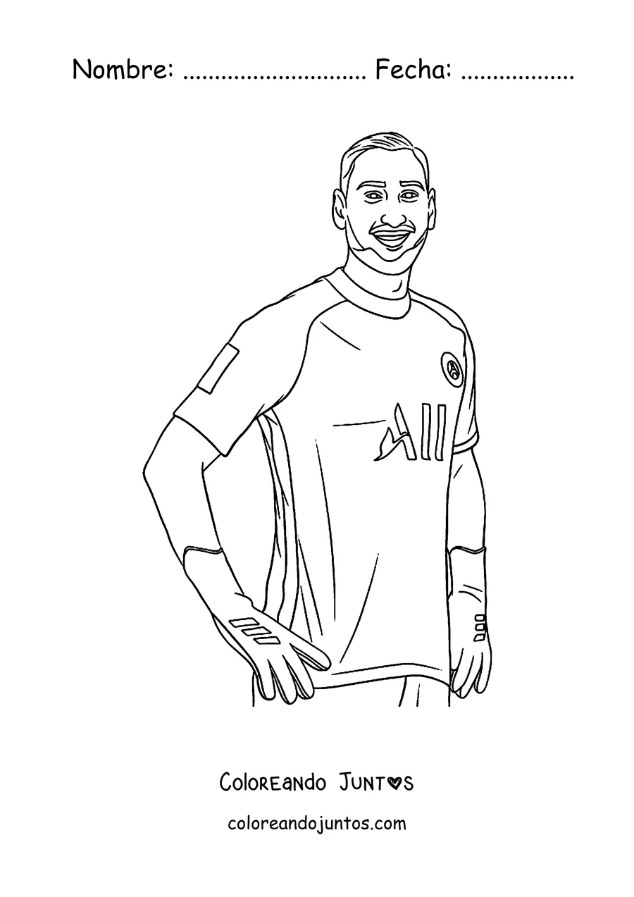 Imagen para colorear de un jugador del PSG sonriendo con las manos en la cintura
