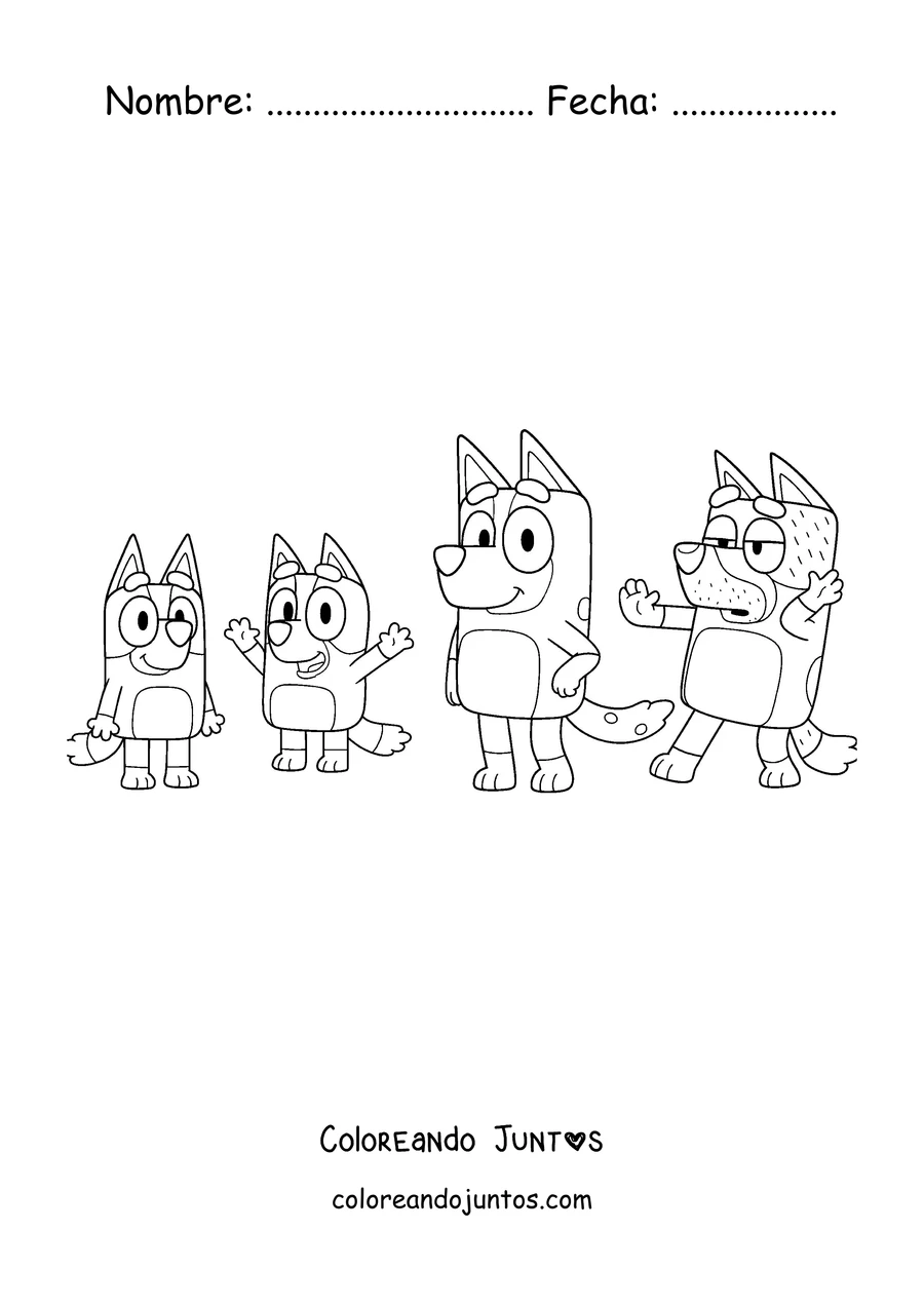 Imagen para colorear de la familia Heeler: Bluey, Bingo, Chilli y Bandit